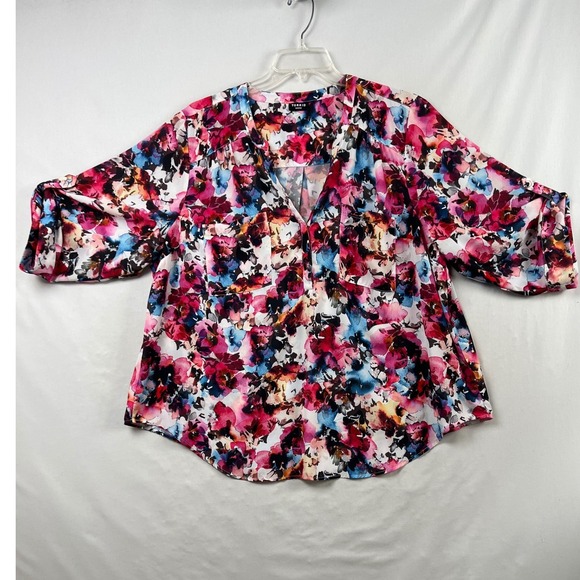 torrid Tops - Torrid Harper Blouse Womens 3X Pink Blue Floral Roll Tab Sleeve V-Neck Top